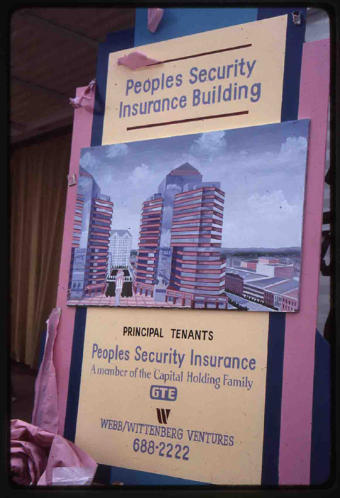 Sign Announcing Future Peoples Security Insurance Building, 1986