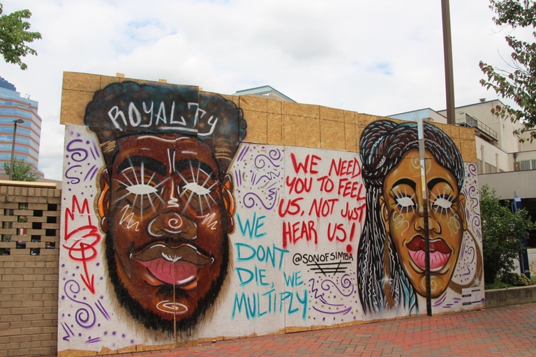 The faces of a black man and woman made to appear as though light is shining from their eyes. The words "royalty," "we don't die we multiply," and "we need you to feel us, not just hear us!" appear. 