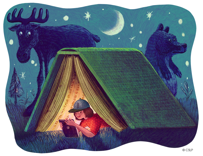 Illustration of a child reading in a tent made of a person-sized book, with a moose and a bear and the moon and stars outside.