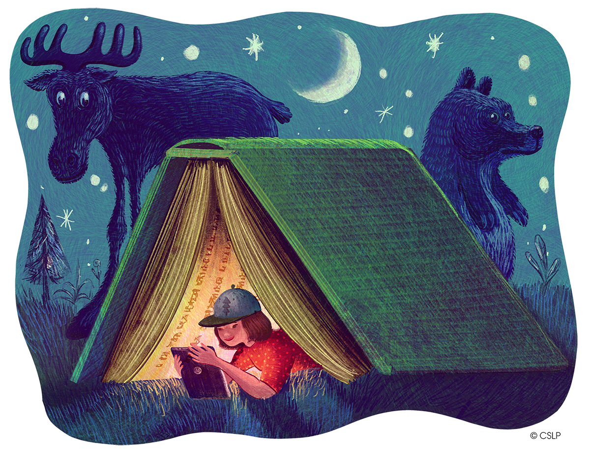 Illustration of a child reading in a tent made of a person-sized book, with a moose and a bear and the moon and stars outside.