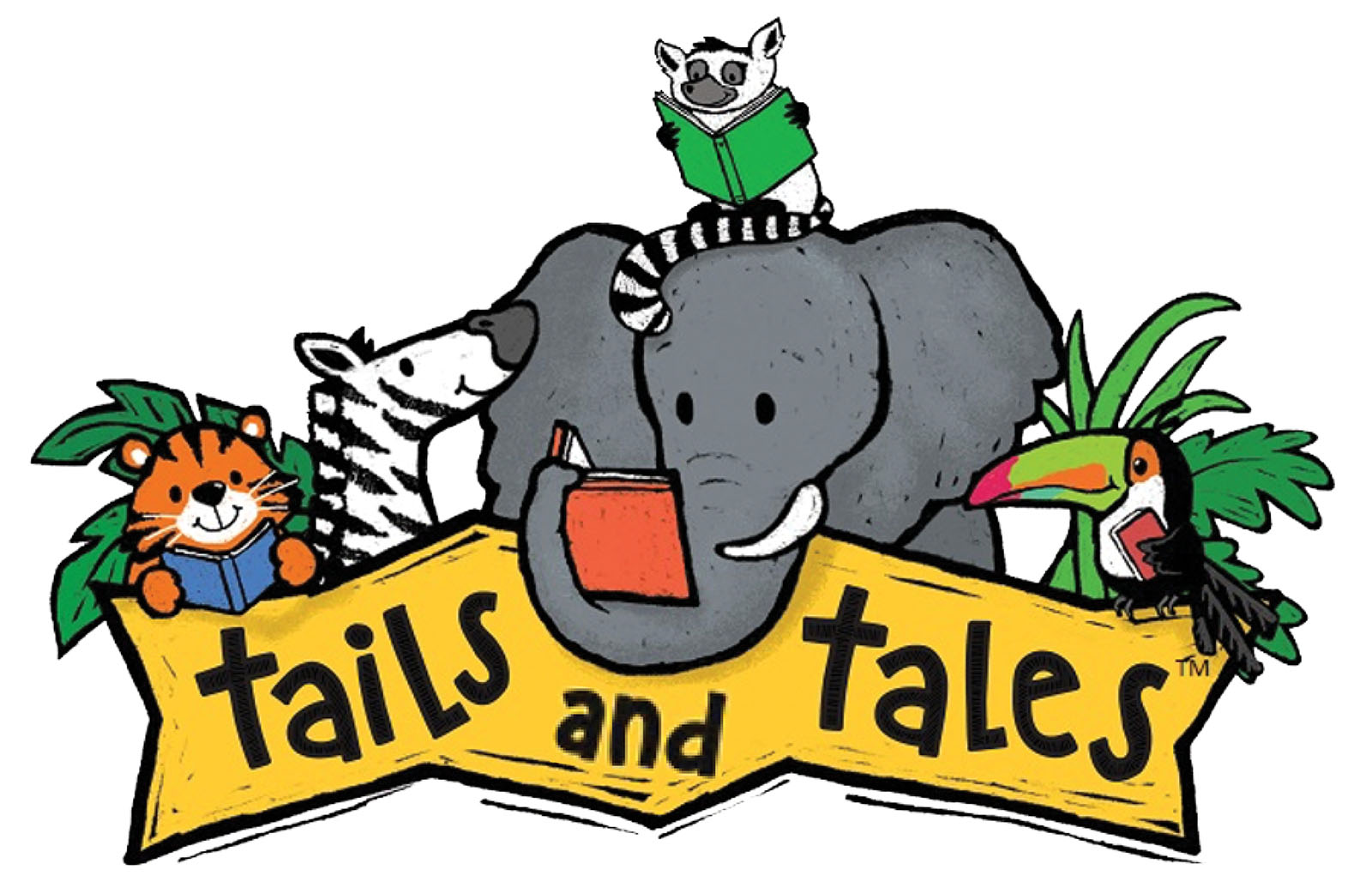 Assortment of animals with the tagline "tails and tales"