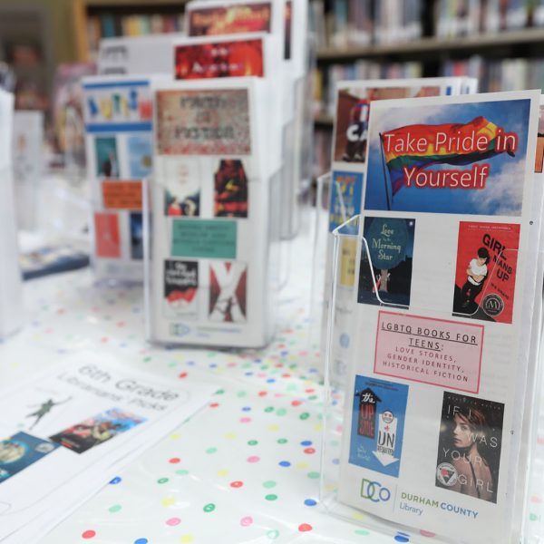 Closeup of a printed book list titled "Take Pride in Yourself: LGBTQ Books for Teens", with other printed lists visible in the background