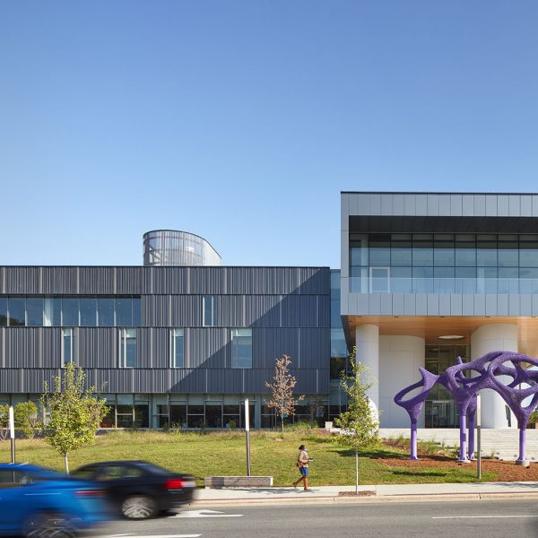 Facade of Main Library along Roxboro Street, with a large purple sculpture in front of the stairs leading up to the building