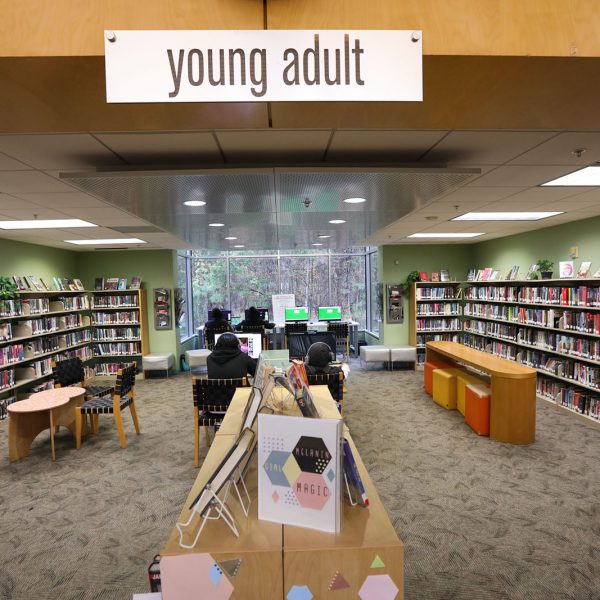 The teen area of North Regional Library, with a display of selected books at the entrance, walls lined with bookshelves, and open seating. Teens sit at computers in the middle of the room and lined up by a large window at the back wall