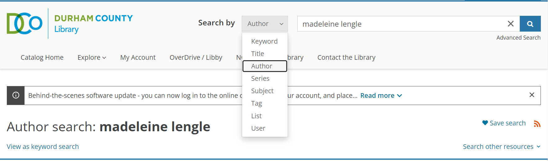 Search with "search by" dropdown toggled to author