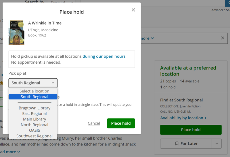 Opened dropdown to choose a pickup location, within the "Place Hold" section of the item details page