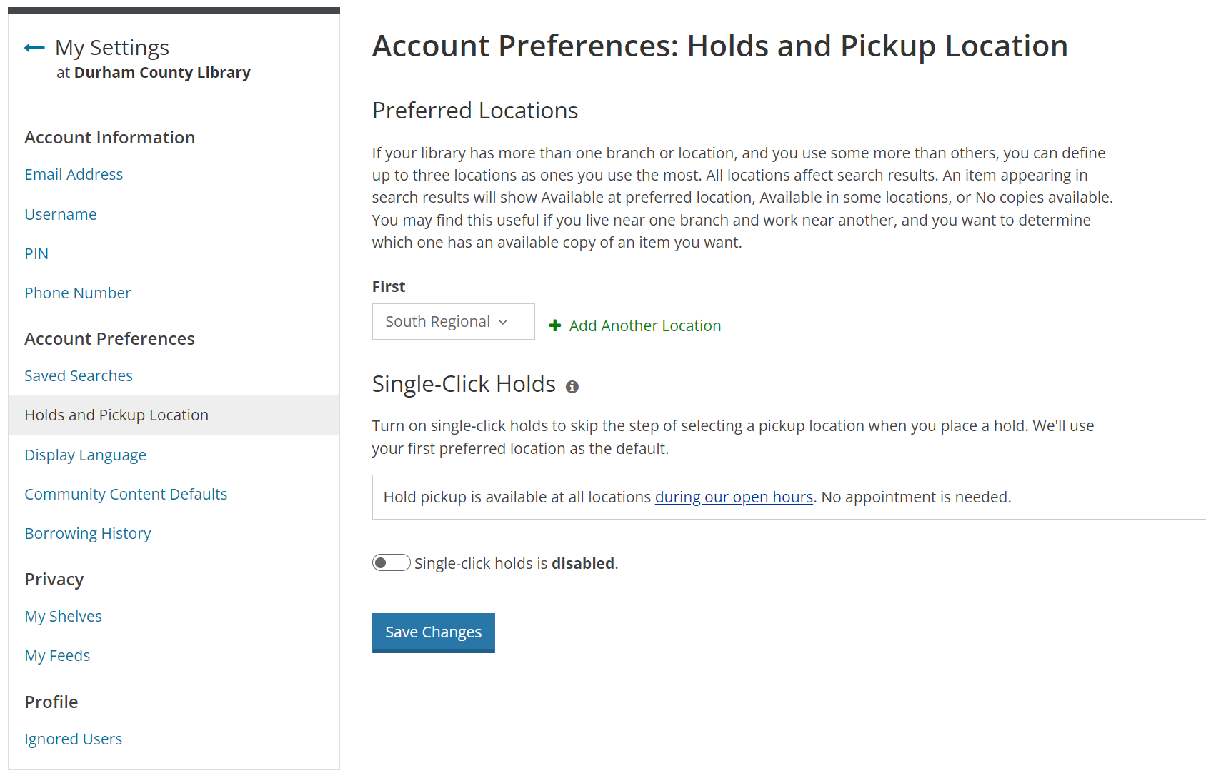 Account Preferences page for Holds and Pickup Location settings, with a section for choosing a preferred location followed by a section for toggling the one-click holds section