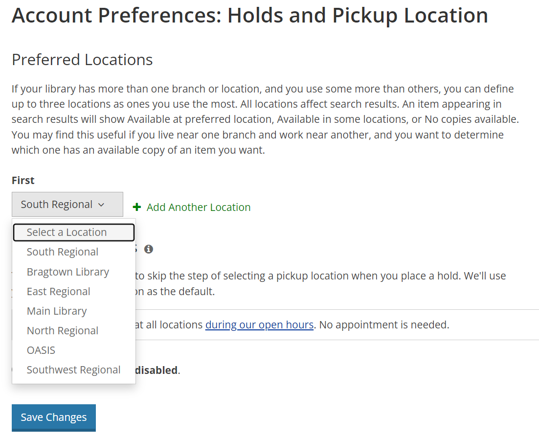 Preferred Locations section of the settings, with a dropdown expanded to show all available library locations