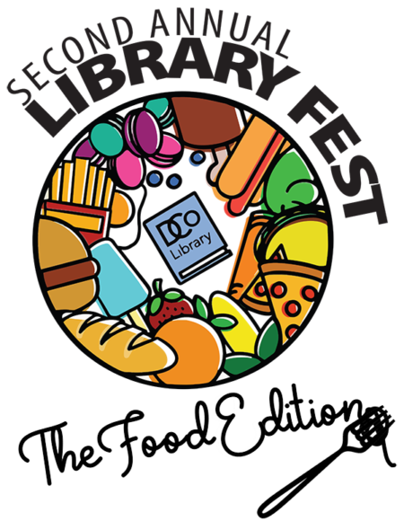 Second Annual Library Fest: The Food Edition logo. Many items of food encircling the book the with Durham County Library logo on the cover.