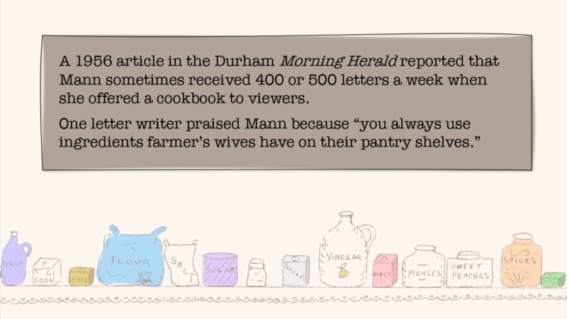 A 1956 article in the Durham Morning Herald reported that Mann sometimes received 400 or 500 letters a week when she offered a cookbook to viewers. One letter writer praised Mann because "you always use ingredients farmer's wives have on their pantry shelves."