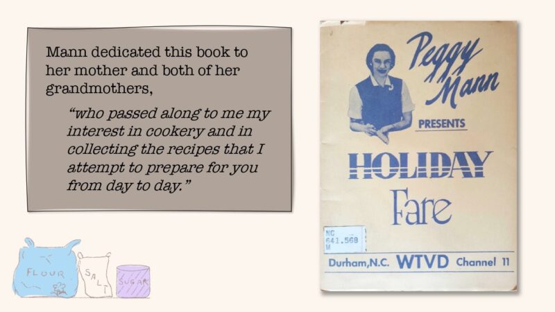 Mann dedicated this book to her mother and both of her grandmothers, "who passed along to me my interest in cookery and in collecting the recipes that I attempt to prepare for you from day to day."