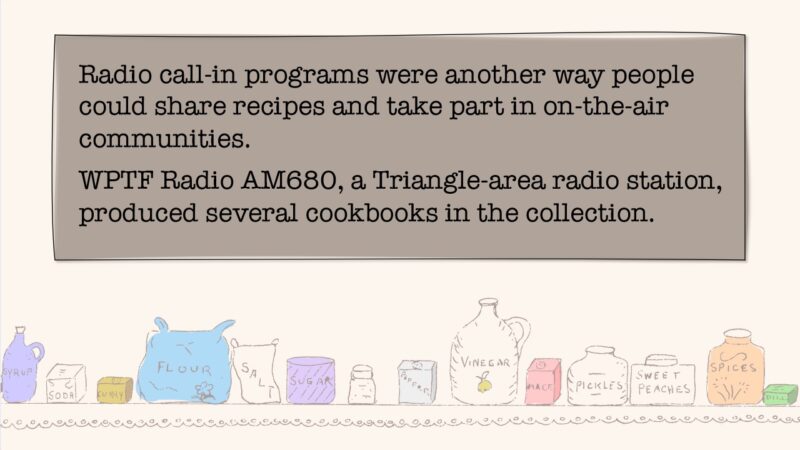 Radio call-in programs were another way people could share recipes and take part in on-the-air communities. WPTF Radio AM680, a Triangle-area radio station, produced several cookbooks in the collection.