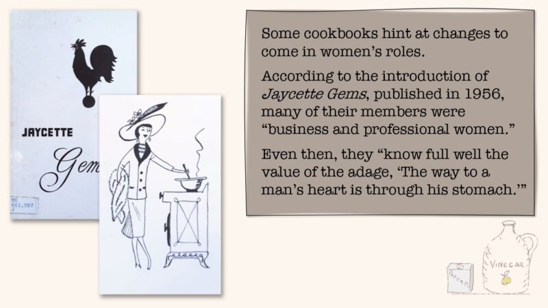 Some cookbooks hint at changes to come in women's roles. According to the introduction of Jaycette Gems, published in 1956, many of their members were "business and professional women." Even then, they "know full well the value of the adage, 'The way to a man's heart is through his stomach.'"