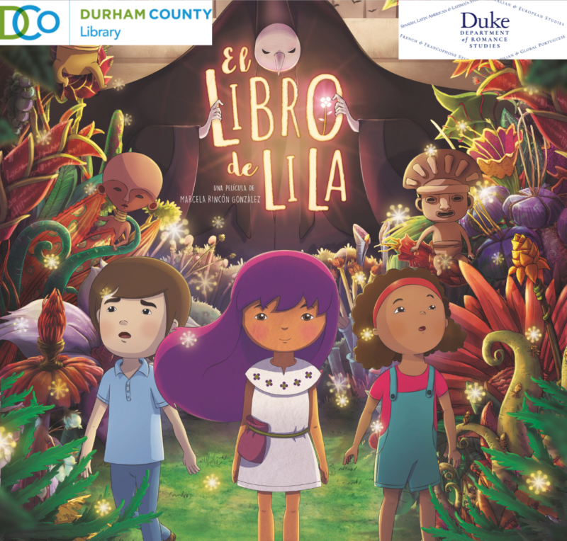 Cover of El Libro de Lila, with an illustration of children looking in wonder at a magical landscape