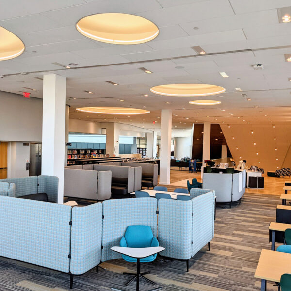 The Incubator at Main Library - a large space with lots of seating at desks and in low-walled cubes