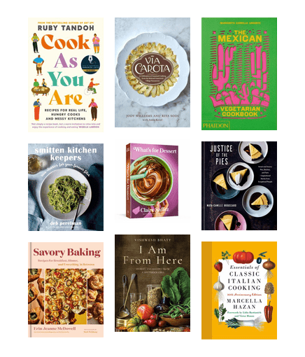 Grid of cookbook covers with specialties including Mexican food, Italian food, desserts, and more