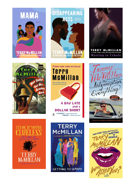 Grid of Terry McMillan book covers, including Waiting to Exhale, How Stella Got Her Groove Back, and Mama