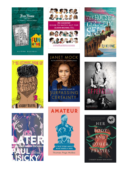 Grid of book covers by Alison Bechdel, TJ Klune, Janet Mock, Gabby Rivera, and more