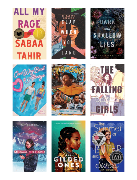 Grid of book covers including All My Rage, Clap When You Land, Dark and Shallow Lies, Our Way Back to Always, and more
