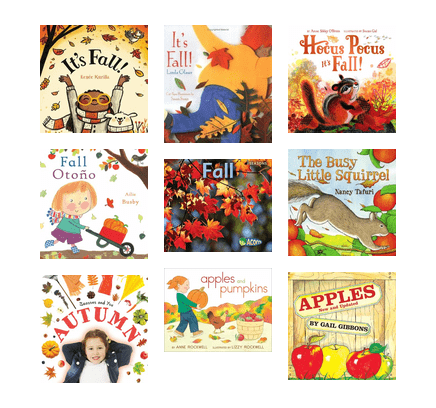 Covers of picture books about fall - lots of orange leaves, apples, pumpkins, kids, and little creatures getting ready for winter