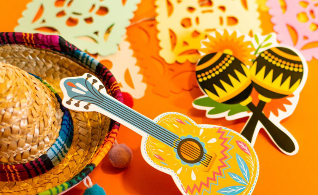Collage of images including maracas, a guitar, and a sombrero