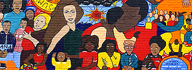 Colorful mural showing groups of people with a range of skin tones and hair colors together in settings like audiences and families