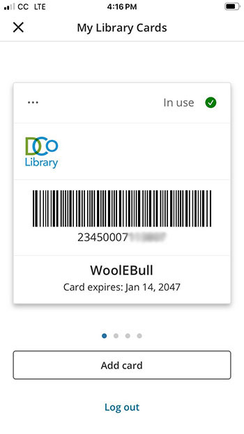 App screen showing the barcode, card number, username (Wool E. Bull in this case), and account expiration date. There's an indicator showing the card is in use and an option to add more cards at the bottom