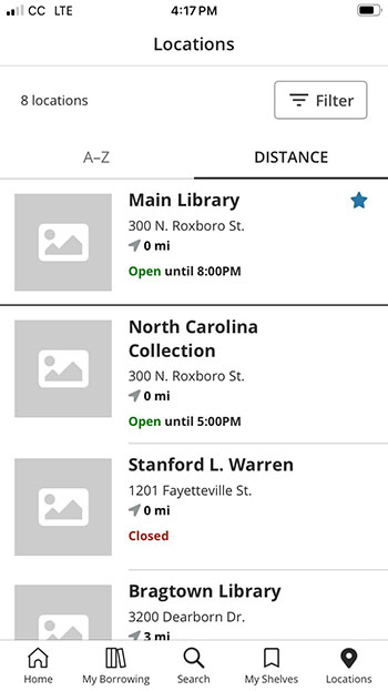 List of library locations with a distance calculated for each and today's open hours shown