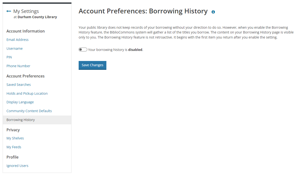Account Preferences: Borrowing History screen, with the default setting of history disabled