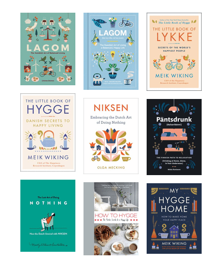 Books with titles featuring the words Hygge, Lykke, Niksen, and Lagom