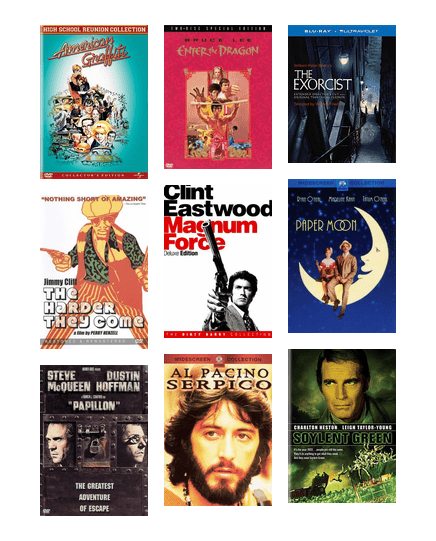 Movie covers from 1973, including American Graffiti, Enter the Dragon, The Exorcist, Serpico, and more