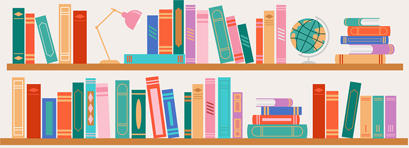 Cheerful illustration of colorful bookshelves
