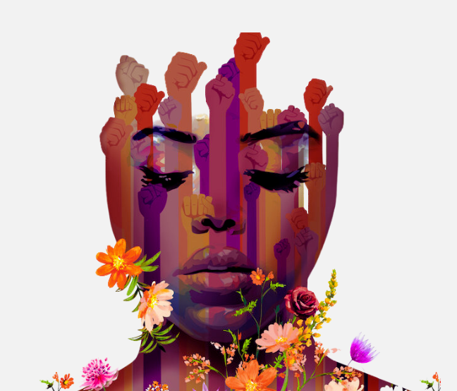 Cover image from the film Stamped from the Beginning, showing a Black woman's face composed of arms with raised fists that end past her forehead and with flowers surrounding her shoulders and chin