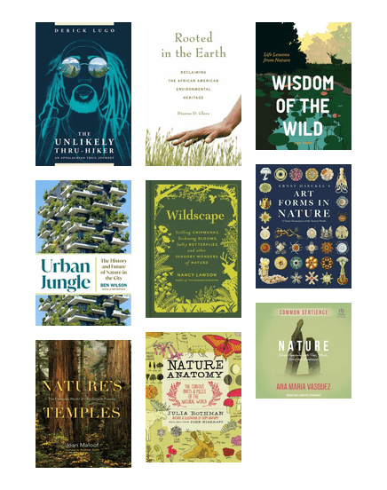Grid of covers of books about experiences in nature - a lot of green
