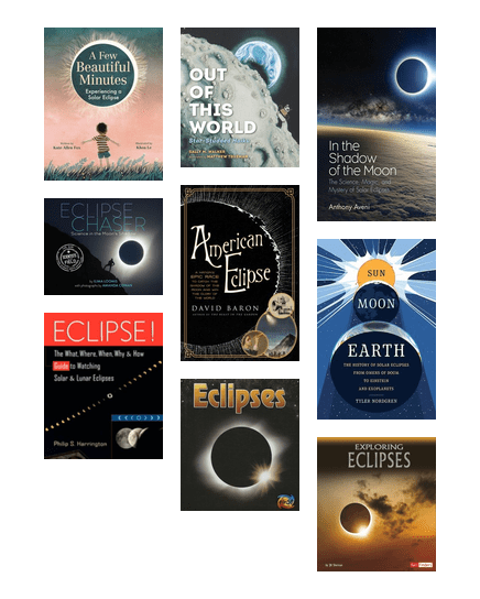 Covers of books about solar eclipses, with lots of pictures of the sun and the moon