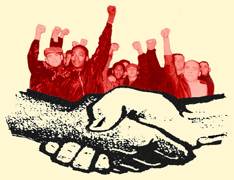 Group of protestors with raised fists, supported by a large illustrated pair of hands, one Black and one white, in a handshake