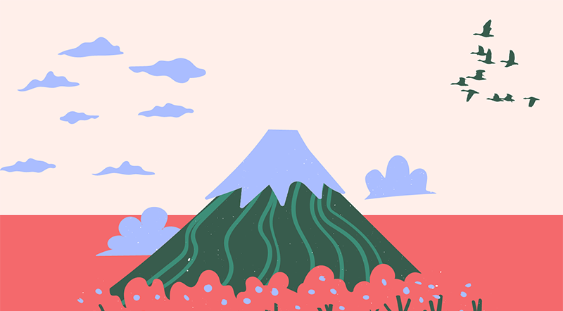 Colorful illustration of an (apparently?) dormant volcano with birds and clouds overhead