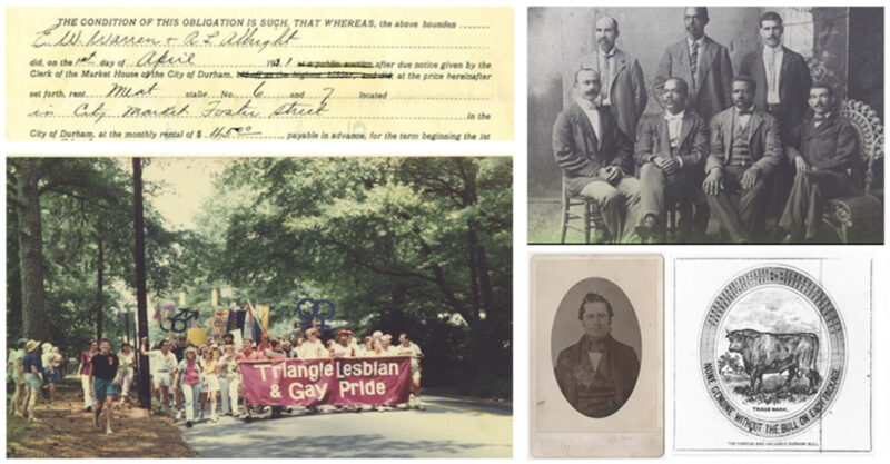 Screenshot from the NCC Digital Collection homepage, showing a document from Durham's founding, a photo from a gay pride parade, very old photos of famous Durham historical figures, and a bull image from an ad for Bull Durham tobacco