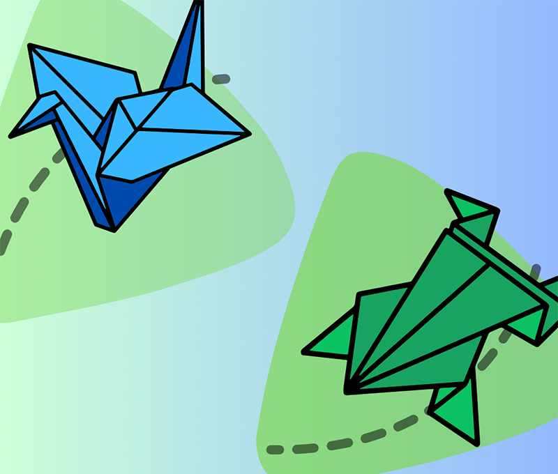 Cartoon origami frog and crane with dashed folding lines