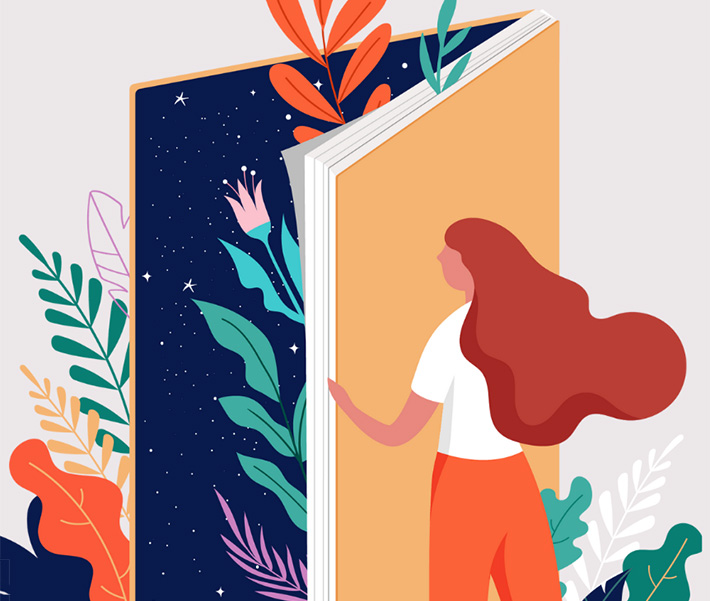 Illustration of a person with flowing hair opening an upright book that doubles as a door with wild flora growing through it