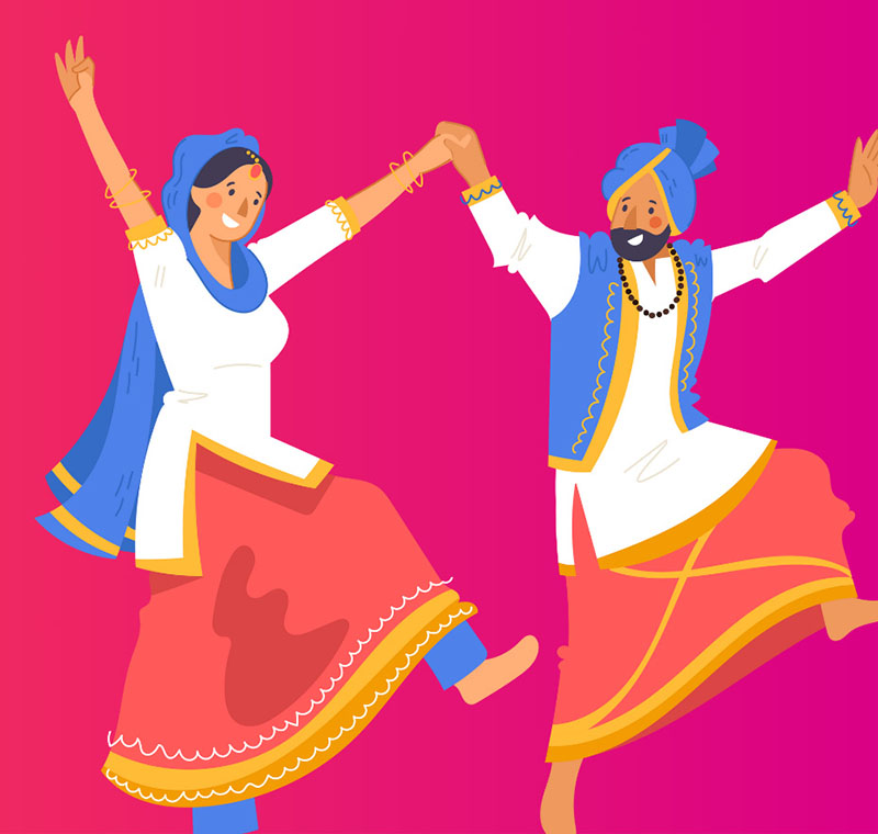 Bright illustration of smiling Bhangra dancers wearing colorful outfits