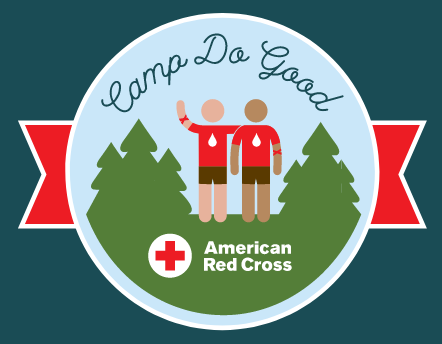Camp Do Good - American Red Cross - two cartoon figures, one with light skin and the other with dark skin, standing in a forest and wearing red blood donation shirts.