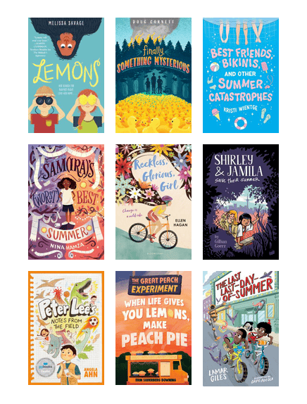 Colorful covers of middle-grade books about summer adventures.