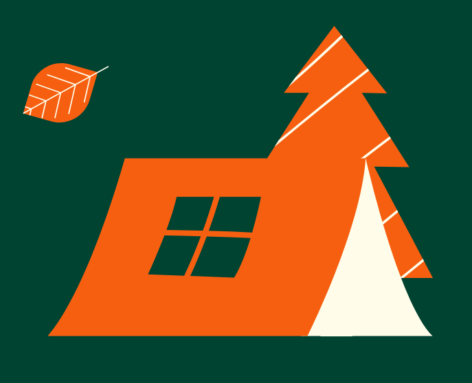Cheerful illustration of a tent with a tree and a falling leaf.