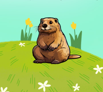 Friendly illustrated beaver sitting on a green hill.