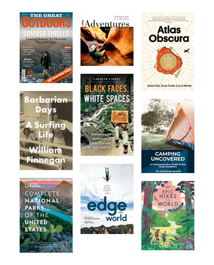 Covers of The Great Outdoors magazine and books about exploration.