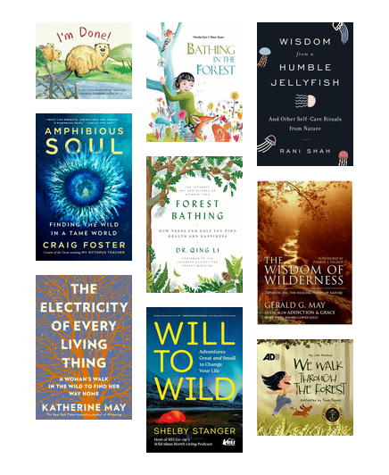Covers of books for children and adults about spending time in nature.