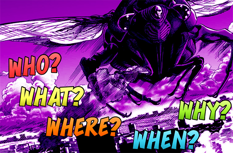 Large comic-style cicada with a tiny human face between its eyes, flying over a purple cityscape, with the text Who, What, Where, When, Why?.