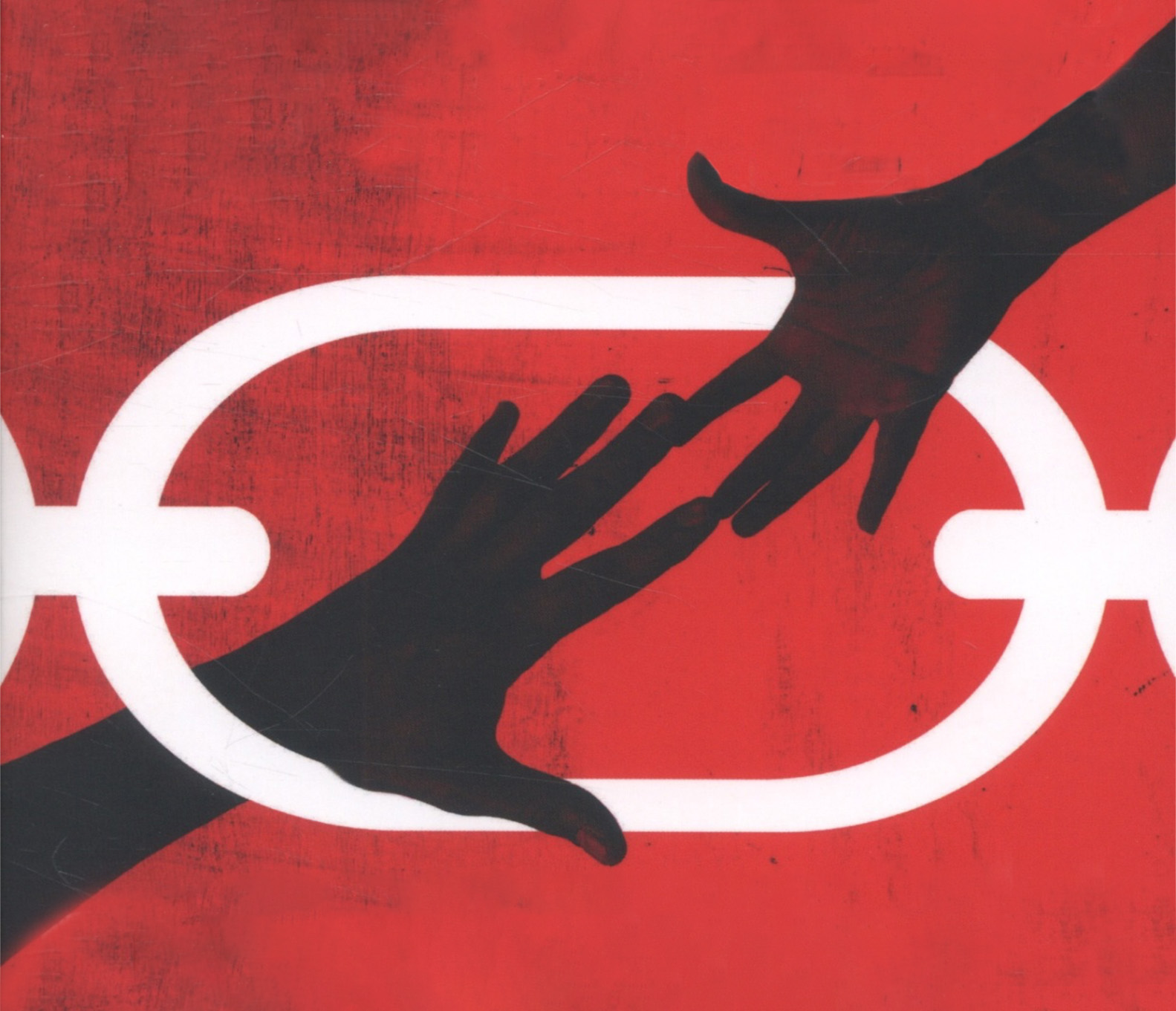 Black silhouetted hands reaching toward each other through a link in a white chain on a red background.