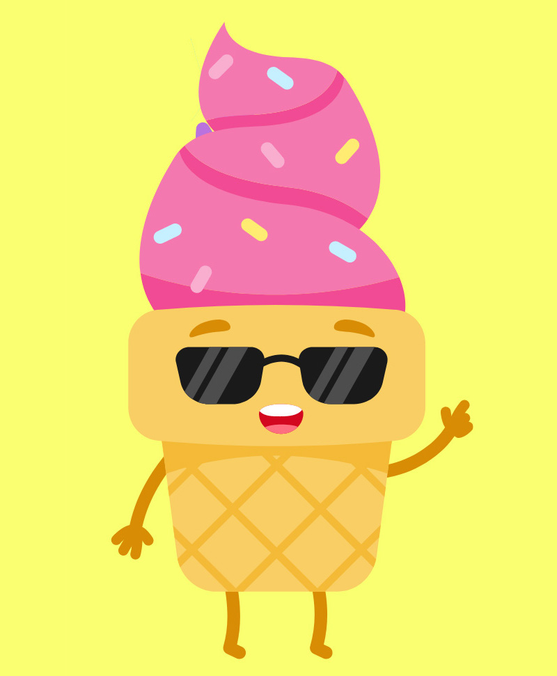 Friendly cartoon ice cream cone waving hello and wearing sunglasses.